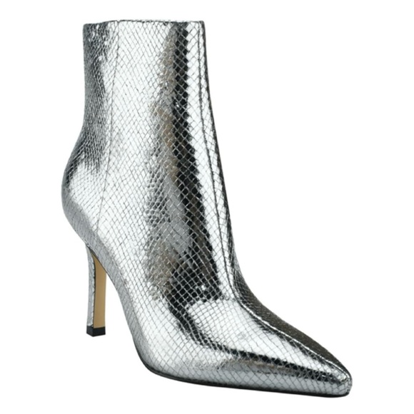 Marc Fisher Metallic Leather Silver Snake Pointed Toe Stiletto Booties Sz 9 - Picture 2 of 7